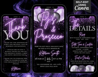 Digital PJs and Prosecco Invitation, Animated Sleepover Party Invite, Neon Purple Birthday Evite, Self Editable Itinerary & Thank You eCard