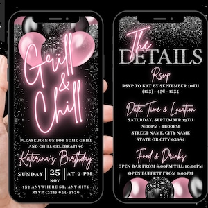 Digital Backyard BBQ Invitation, Grill and Chill Blush Pink Invite, Grill Party Cookout BBQ Evite, Summer Party, Editable Itinerary eCard