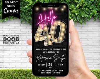 Digital Hello Forty 40th Birthday Invitation, Electronic Virtual 40th Party Invite, Marquee Pink Neon, Editable Template, eCard Evite