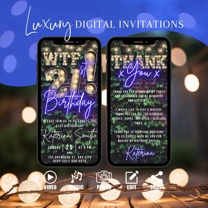 Faire-part de fête d'anniversaire numérique WTF pour 21 ans, invitation à une soirée barbecue animée pour lui, invitation à dîner bleu chapiteau, carte électronique auto-modifiable pour homme
