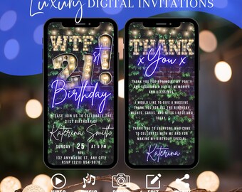 Invitación digital para fiesta de cumpleaños número 21, invitación animada para barbacoa para él, invitación azul con marquesina para cena, tarjeta electrónica autoeditable para hombre