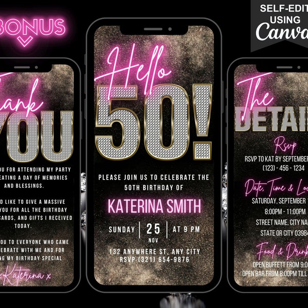 Digital Hello 50 Birthday Invitation, Animated 50th Party Invite, Bling Fifty Diamond Pink Gold Evite, Editable Itinerary & Thank You eCard