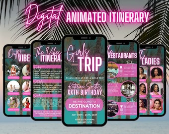 Digital Girls Trip Invitation, Animated Travel Itinerary, Birthday Weekend Pink Miami Vacation Schedule Evite, Editable Planner Template