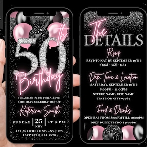 Digital 50th Birthday Invitation, Blush Pink Girls 50 th Balloon Diamond Invite For Her, Women Animated Evite, Self Editable Itinerary eCard