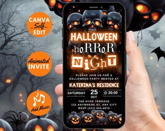Digital Halloween Horror Night Invitation, Orange Skull Video Party Invite, Adult Movie Night Evite, Self Editable DIY Template Event eCard