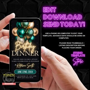 K&ouml;nnte beinhalten: Ein digitaler Telefonbildschirm, der eine Geburtstags-Dinner-Einladung mit gr&uuml;nen und goldenen Ballons, dem Text "Birthday Dinner" und dem Namen "Katerina Smith" anzeigt. Die Einladung enth&auml;lt das Datum "June 22nd, 20XX", einen Ort und eine Telefonnummer. Der Text "Edit Download Send Today!" wird oben auf dem Bildschirm in Pink angezeigt.
