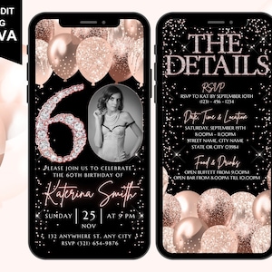 Digital Sixty 60th Birthday Invitation Template, Electronic Day Itinerary, Rose Gold Confetti 60th Birthday Invite, Personal Image Photo