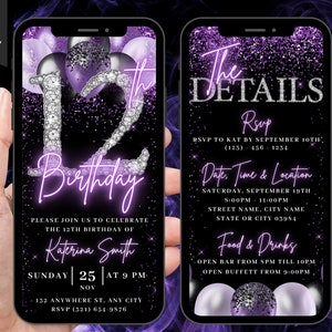 12e Invitation d'anniversaire Flyer numérique, invitation animée pour elle pour elle, pour elle, 12 losanges violets, carte virtuelle électronique d'itinéraire à modifier soi-même