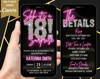 Digital Surprise 18th Birthday invitation, Animated 18th Party Oink Bling Invite, Text Message Evite For Her, Editable Canva Thank You eCard