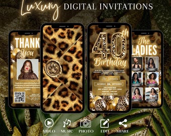 Invito digitale per il 40° compleanno, modello per festa in oro con stampa leopardata, biglietto d'invito online con tema ghepardo
