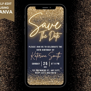 Digitale Save the Date-feestuitnodiging, gouden glitter neonlettertype elektronische telefoon SMS-bericht Evite, bewerkbare sjabloon, Instant Download