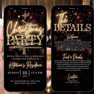 Digital Christmas Party Invitation, Animated Gold Xmas Holiday DIY Invite, Phone Text Digital Evite Flyer, Self Editable Itinerary eCard