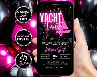 Digitale jachtfeestuitnodiging, geanimeerde bootfeestuitnodiging, neonroze cruise zomerbootfeest Evite, bewerkbare reisroutesjabloon e-card