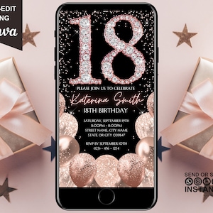 Invito digitale per il 18° compleanno, invito elettronico per la festa del 18° compleanno, diamanti in oro rosa, invito di testo con download immediato, modello modificabile