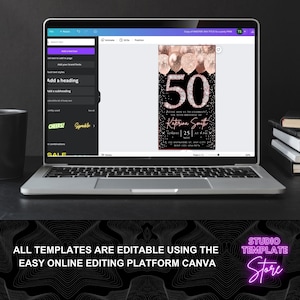 May include: Editable 50th birthday party invitation template with a black background, rose gold balloons, and confetti. The text reads "Please join us to celebrate the 50th birthday of Katerina Smith. Sunday 25 Nov at 2 PM. 123 Anywhere St, Any City. RSVP 123-456-7890".