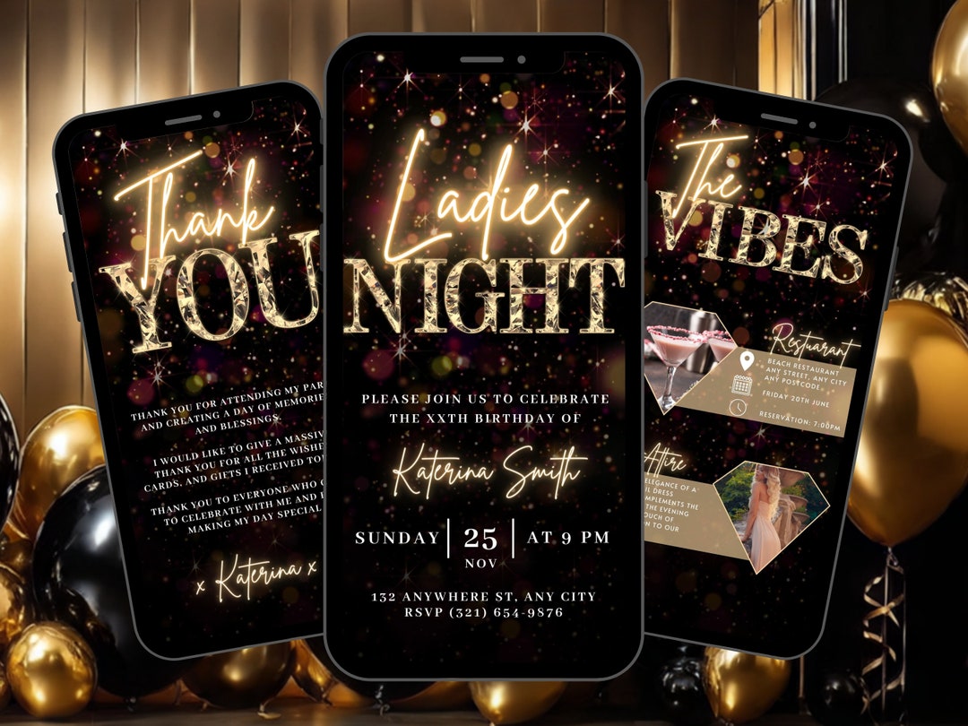 Digital Ladies Night Invitation, Animated Birthday Dinner Party Black ...