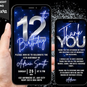 Invitación digital de video para 12.º cumpleaños, invitación animada para fiesta de 12.º cumpleaños para niños, video azul neón cromado de Evite, tarjeta electrónica de agradecimiento autoeditable