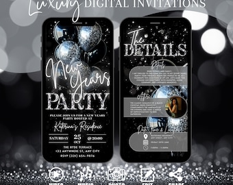 May include: A digital invitation for a New Year's Eve party. The invitation features a black and silver design with balloons and a text overlay that says "New Years Party". The invitation includes the date, time, and location of the party, as well as the host's name, Katerina.