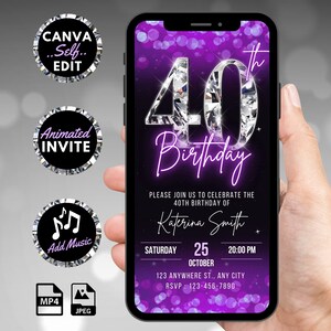 Digital 40th Birthday Invitation, Animated Purple Womens 40 Glam Diamond Invite For Her, Luxury Evite, Self Editable Video Template eCard
