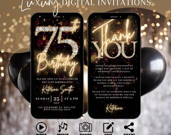 Faire-part de fête numérique pour 75e anniversaire, 5e carte virtuelle d'invitation animée pour elle, Evite femme or noir argent diamant, modèle de carte électronique modifiable