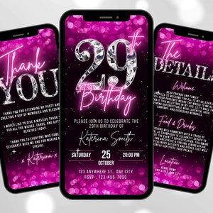 Digital 29th Birthday Invitation, Animated Hot Pink Ladies Dinner Party Invite, Diamond Evite For Women, Self Editable Itinerary eCard