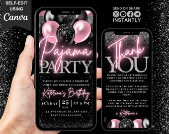 Digital Pajama Party Birthday Invitation, Animated PJs Fun Girls Night Invite, Blush Pink Bachelorette Party Evite, Editable Thank You eCard