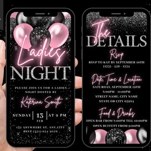 Digital Ladies Night Out Invitation, Animated Fun Pink Birthday Invite, Bachelorette Party Evite, Self Editable Itinerary eCard