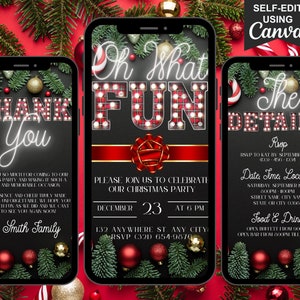 Convite digital de Natal "Oh, que divertido", convite para festa por telefone, mensagem de texto e e-mail, convite de Natal em neon branco com letreiro, itinerário editável e cartão eletrônico de agradecimento
