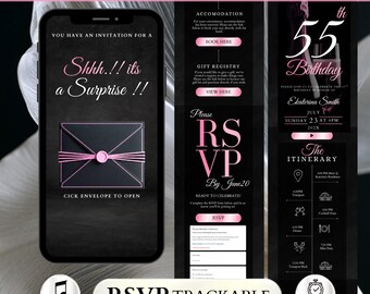 Surprise 55th Birthday Invitation With RSVP, Digital Black Luxury Envelope Evite, Elegant Pink Website Template, Trackable Guest Invite