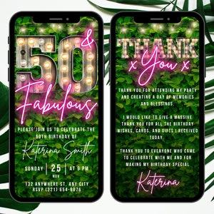 Invitación digital para 50 cumpleaños, tarjeta electrónica "50 And Fabulous", marquesina y agradecimiento virtual rosa neón de Evite, descarga de invitación para 50 cumpleaños