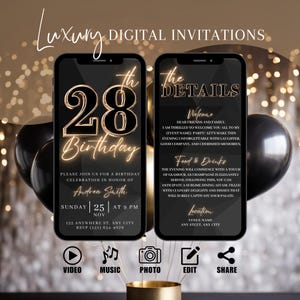 Digital 28th Birthday Party Invitation, Animated Black Gold Dinner Invite For Women, Brunch Evite For Her, Self Editable DIY Itinerary eCard