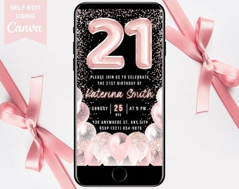 Digital 21st Birthday Invitation, Animated 21st Birthday Party Invite For Her, Blush Pink Text Evite For Women, Self Editable Template