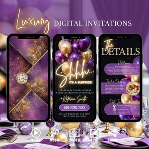 Surprise Party Birthday Invitation, Purple Gold Digital Shhh Its A Surprise Invite, Modern Evite For Women, Self Editable Template eCard
