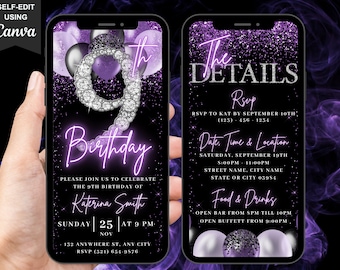 Digital 9th Birthday Invitation, Animated Purple Girls Ninth Diamond Invite For Her, Turning 9 Evite For Her, Self Editable Itinerary eCard