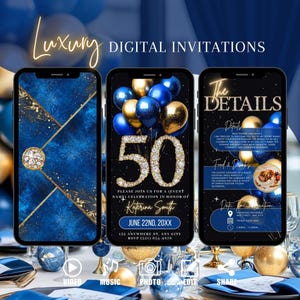 Può includere: Un modello di invito digitale per una festa di compleanno di 50 anni. Il modello presenta uno schema di colori blu e oro con un grande numero 50 decorato con diamanti. Il testo sull'invito recita: "Unisciti a noi per una celebrazione (nome dell'evento) in onore di Katerina Smith, 22 giugno 20XX, 152 Anywhere St., Any City, RSVP (321) 654-9576".