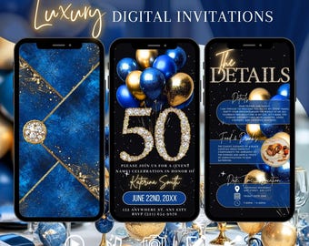 Faire-part numérique pour 50e anniversaire, invitation surprise animée en or bleu, evite brunch diamants, enveloppe électronique modifiable pour le dîner pour femme