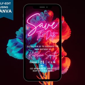 Digitale Save the Date-feestuitnodiging, bloemen warm rood blauw neon elektronische telefoon SMS-bericht Evite, bewerkbare sjabloon, Instant Download