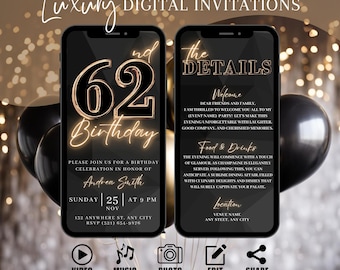 Convite digital para festa de 62 anos, convite animado para jantar em ouro preto para mulheres, convite de brunch para ela, cartão eletrônico com itinerário faça você mesmo e editável