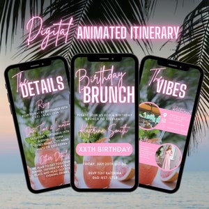 May include: A digital invitation for a birthday brunch. The invitation is pink and white with a picture of a mimosa. The text on the invitation says "Birthday Brunch" and "Katerina Smith XXTH Birthday".