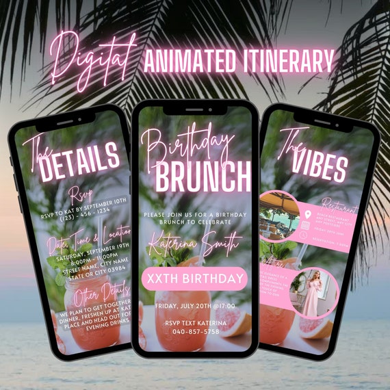 Digital Birthday Brunch Invitation, Animated Girls Brunch Party Invite, Pink Beach Evite For Women, Self Editable Itinerary Template eCard