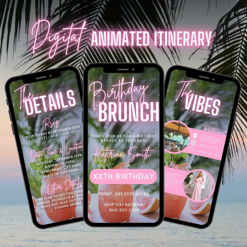May include: A digital invitation for a birthday brunch. The invitation is pink and white with a picture of a mimosa. The text on the invitation says "Birthday Brunch" and "Katerina Smith XXTH Birthday".