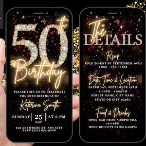 Convite de vídeo para festa de aniversário de 50 anos digital, convite glamoroso de 50 anos, convite animado de cinquenta diamantes pretos dourados e prateados, cartão eletrônico de itinerário editável