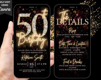 Digitale 50e verjaardag partij video uitnodiging, 50e Glam uitnodigen, geanimeerde vijftig zwart goud zilver diamant Evite, bewerkbare reisplan eCard