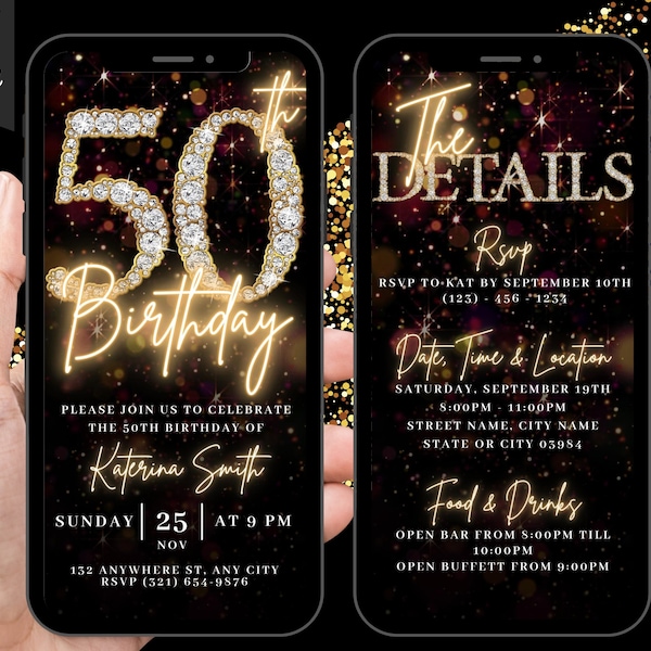 Digital 50th Birthday Party Video Invitation, 50th Glam Invite, Animated Fifty Black Gold Silver Diamond Evite, Editable Itinerary eCard