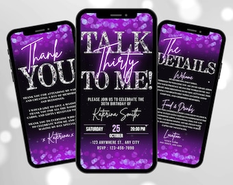 Invitación digital para 30 cumpleaños, invitación "Háblame de treinta", divertida fiesta morada de 30 años para adultos con invitación electrónica, itinerario autoeditable y tarjeta de agradecimiento.