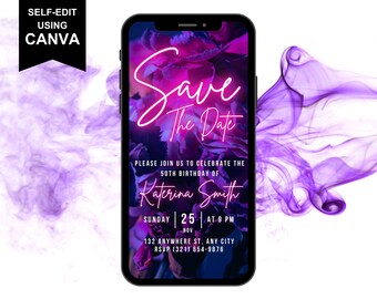 Invitación digital para guardar la fecha, invitación animada con flores moradas y rosas, mensaje de texto de cumpleaños para teléfono de Evite, plantilla autoeditable de tarjeta electrónica