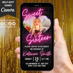Digital Sweet 16 Photo Invitation, 16th birthday invite For Her, 16th Party Neon Pink Evite, Animated Sweet Sixteen Ecard, Editable Template