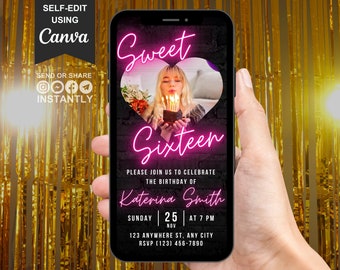 Digital Sweet 16 Photo Invitation, 16th birthday invite For Her, 16th Party Neon Pink Evite, Animated Sweet Sixteen Ecard, Editable Template