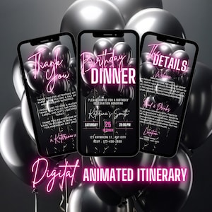 Convite digital para jantar de aniversário, convite animado para meninas em preto e prata, convite rosa para noite das mulheres, cartão eletrônico com itinerário autoeditável