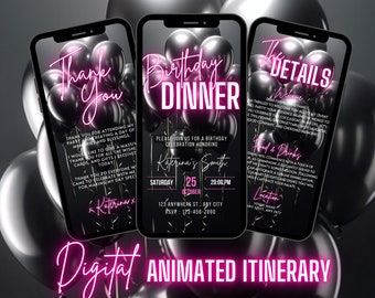 Digital Birthday Dinner Invitation, Animated Black Silver Girls Invite, Ladies Night Pink Evite For Women, Self Editable Itinerary eCard